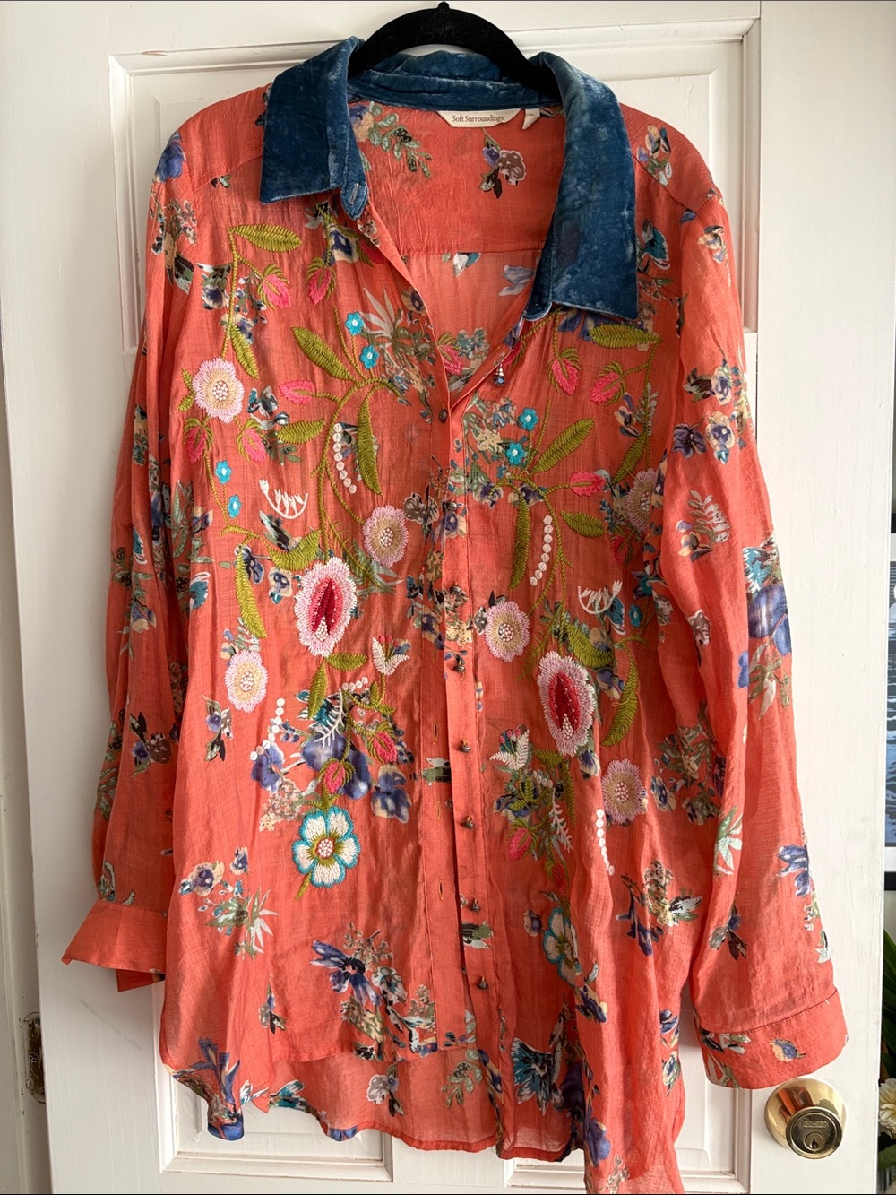 Soft Surroundings Coral Floral Button-Down with Blue Denim Collar